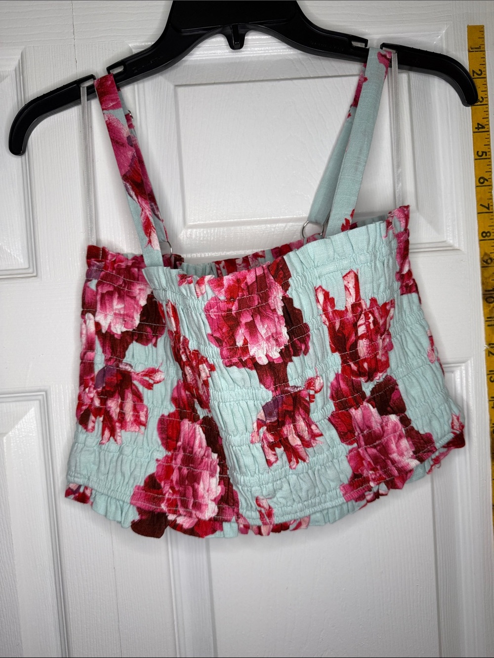 Smocked Floral Crop Top - Mint with Pink Rose Print